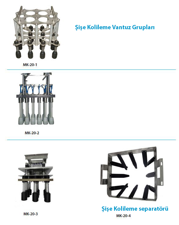 Şişe Kolileme Vantuz Kafaları, Şişe Kolileme Vantuz Grupları, Kolileme Vakum Tutucu Vantuz Başlıkları, Kolileme Makinası Formatları, Kolileme Makinası Şişe Seperatörü